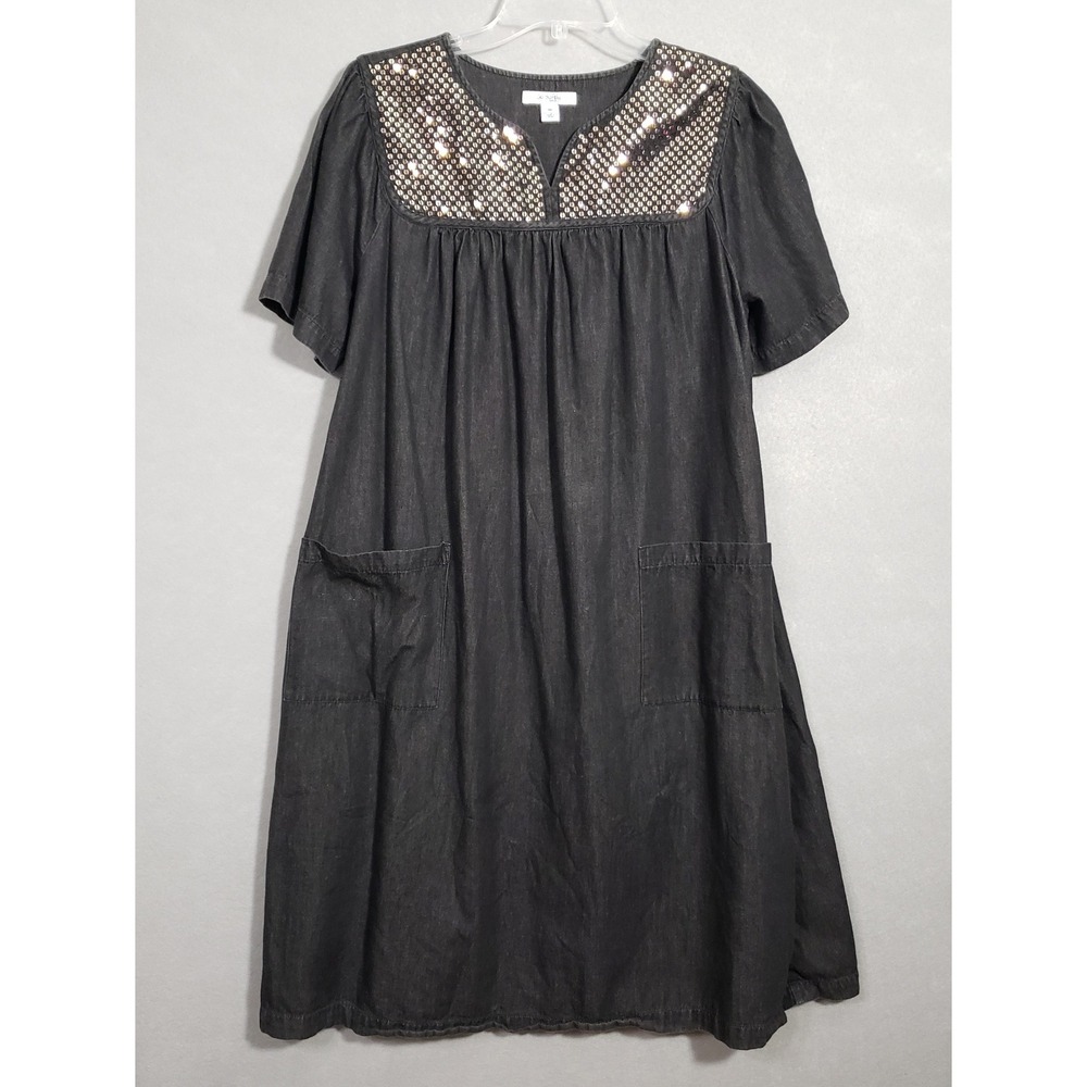 Go Softly Patio M Dress Black Sequin Denim Cotton Muu Muu Pockets Embellished